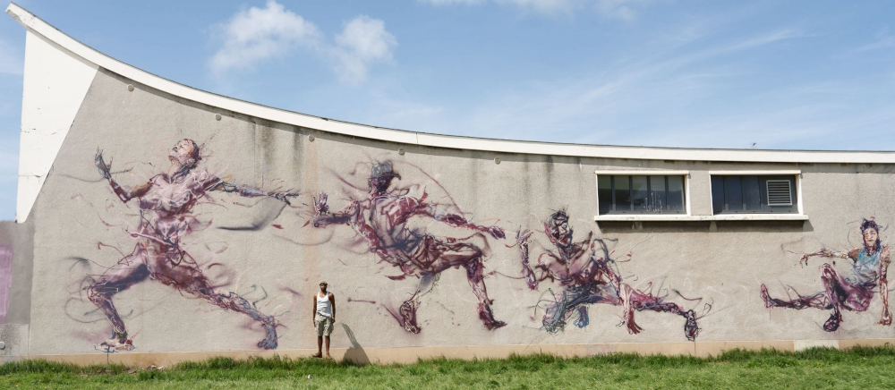 Mural 'Homomotus tribe # 2' on the building of BCMO - Ballet Contemporain des Mers d'Opale - Pôle Chorégraphique de Calais - Hervé Koubi in Calais (France).