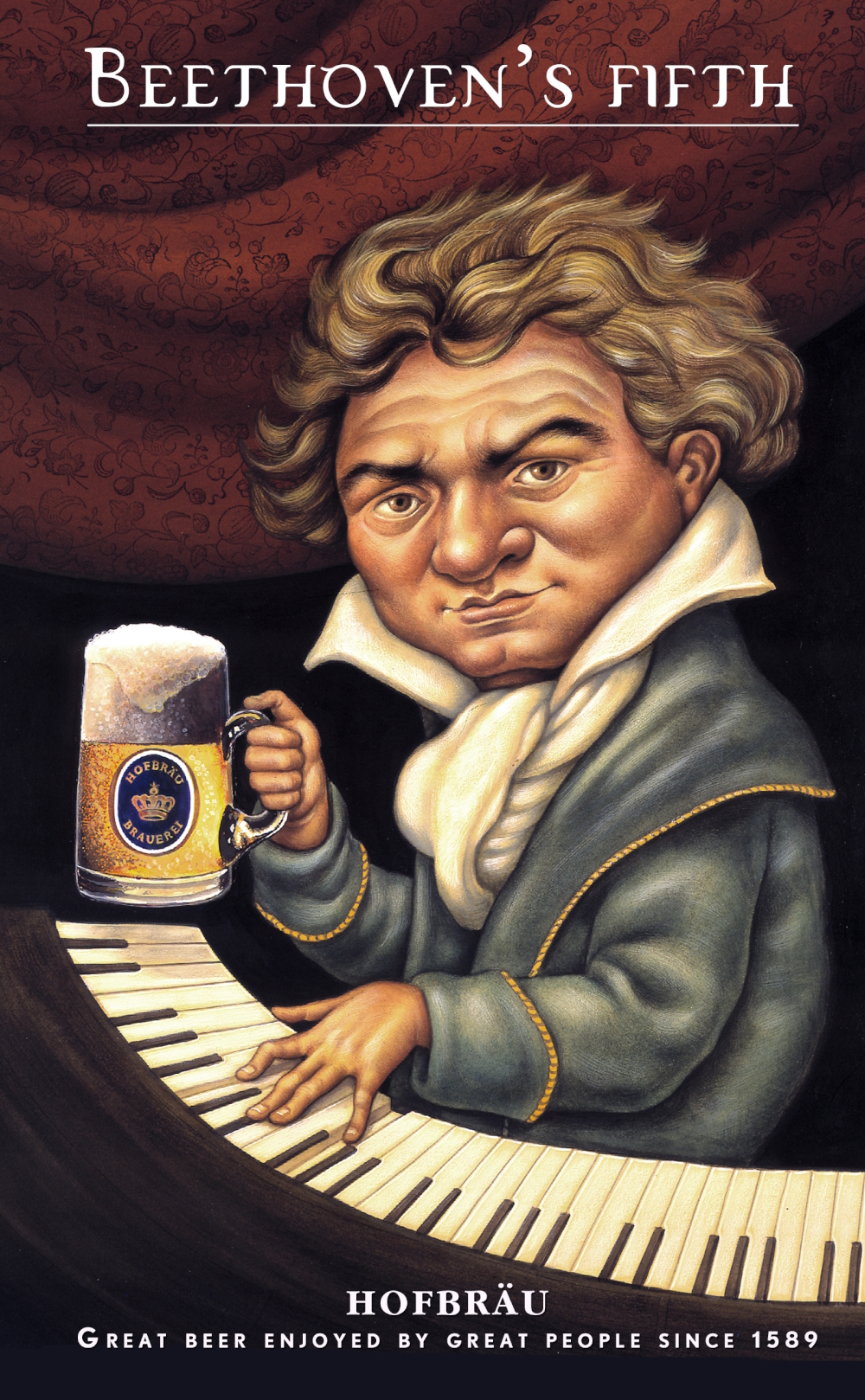 Advertising illustration for German brewery company Hofbraeu: 'Beethoven's Fifth'.