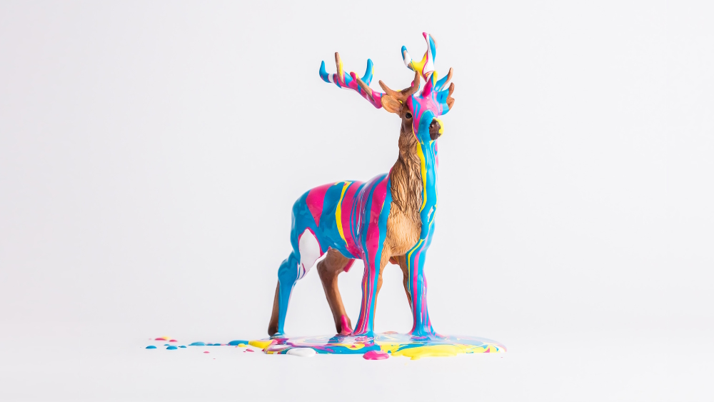 Simple idea just for fun, but the look will remain in people's memory: the coloured toy deer.
