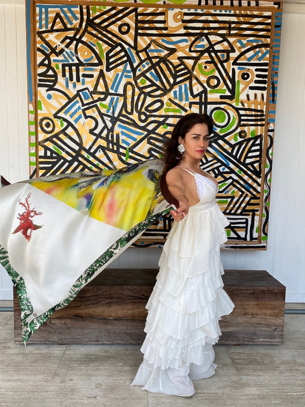 Elnaz Jàfari modelling her own designed toncha cloth 'Earth Element' that can be wrapped in many ways too.
