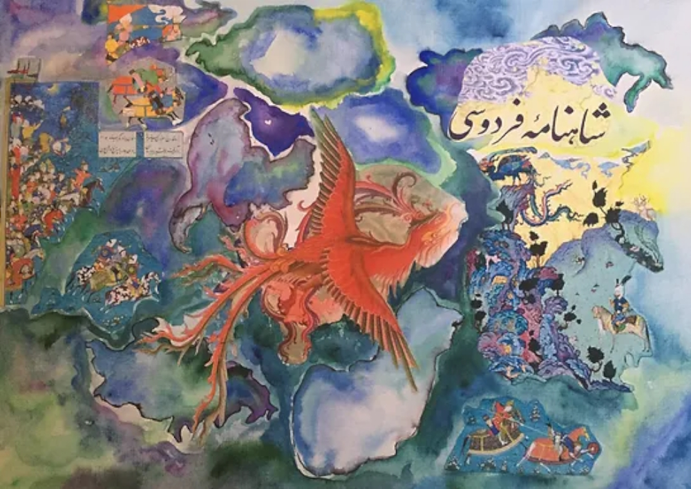 'Simorgh', the mythical bird from Persia's oldest ‚Book of Kings‘ (‚Schāhnāme‘), became Elnaz Jàfari's trademark. Here: watercolor collage, 120 x 80 cm, not for sale.