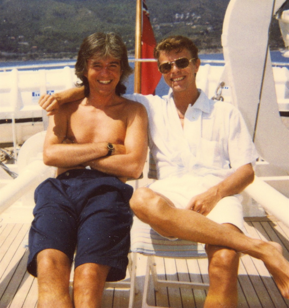 George Underwood and David Bowie on Bowie's boat 