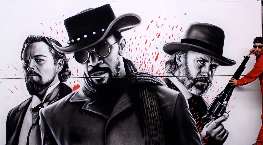 'Django unchained': Goetz Valien, the man in red, blocks Christopher Waltz' pistol barrel on his billboard for Quentin Tarantino's 2012 revisionist Western film.