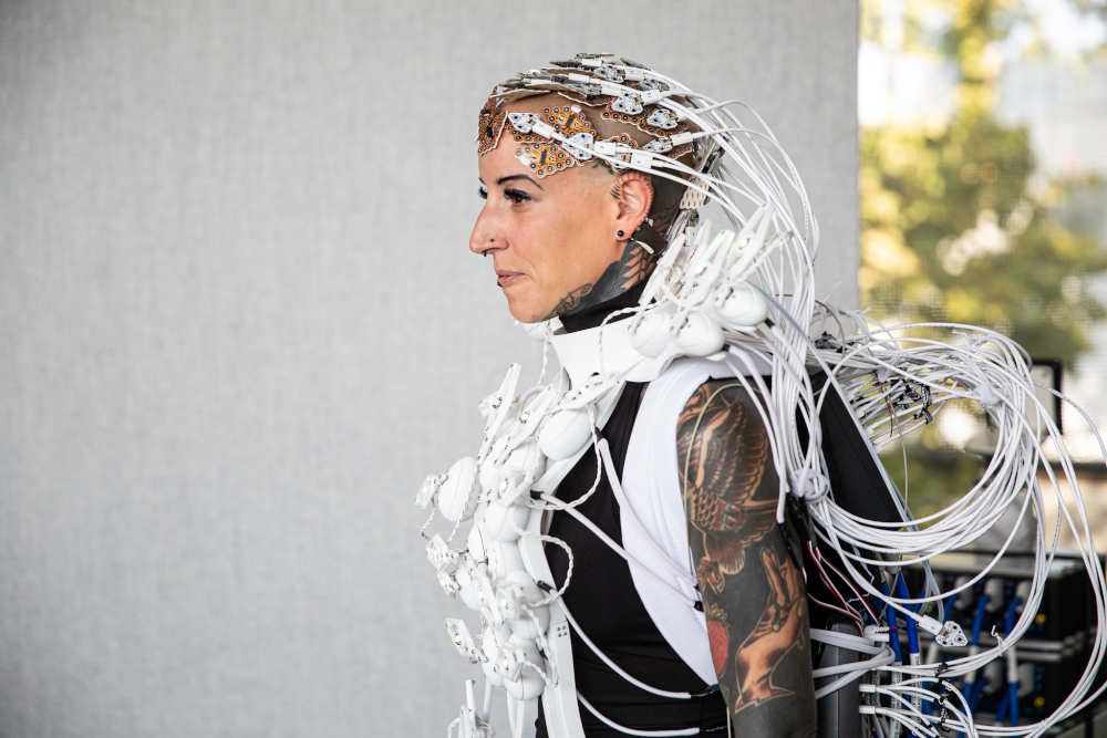 'The Pangolin Scale's demonstrates the world’s first 1.024 channel brain-computer interface (BCI), which is able to extract information from the human brain with an unprecedented resolution to control an interactive, fashionable dress.