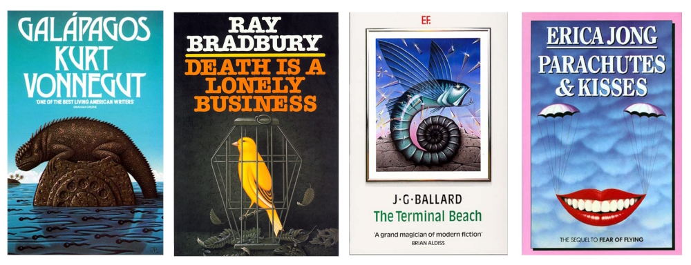 1980’s Book covers: Kurt Vonnegut, Ray Bradbury, JG Ballard, Erica Jong.