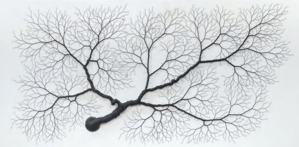 CICLOTRAMA 193 (Fibonacci), 2020: waxed threads and acrylic pen on canvas (170 cm x 340 cm).