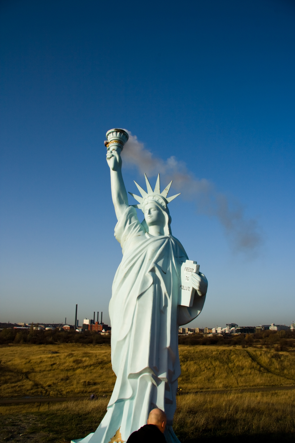 'Freedom To Pollute': the 6-foot-high fiberglass replica of the American Statue of Liberty, featuring smoke emitting from the torch, created a dialogue about the Western civilization individual thoughts about freedom.
