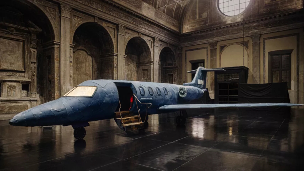 'More or Less' (presented in a Milanese church): Maarten Baas realized the denim jet in cooperation with G-Star Raw and this unique airplane will be part of the company's RAW art collection. 