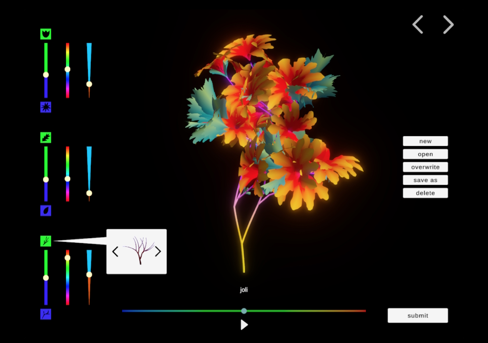 Pixel Flowers Lab (2025) - Participative artwork. Solo exhibition Digital by Nature - The Art of Miguel  Chevalier, Kunsthalle München, Munich (Germany). For the first time, visitor are invited to take part in  Miguel Chevalier’s largest new virtual herbarium Pixel Flowers. Visitors can explore infinite variations of shapes  and configure a plants on-site through a specific  website.