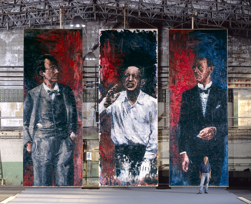 Gustav Mahler, Igor Strawinsky and Arnold Schoenberg, the pioneers of 20th century music, on a huge triptych (800 x 900 cm, oil on canvas, 2001/02).