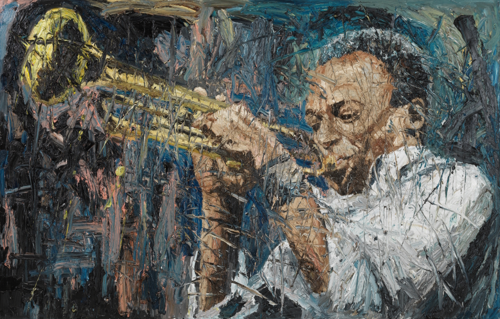 Miles Davis, one of the most influential and acclaimed figures in the history of jazz and 20th century music. 150 x 250 cm, oil on canvas, 2021.