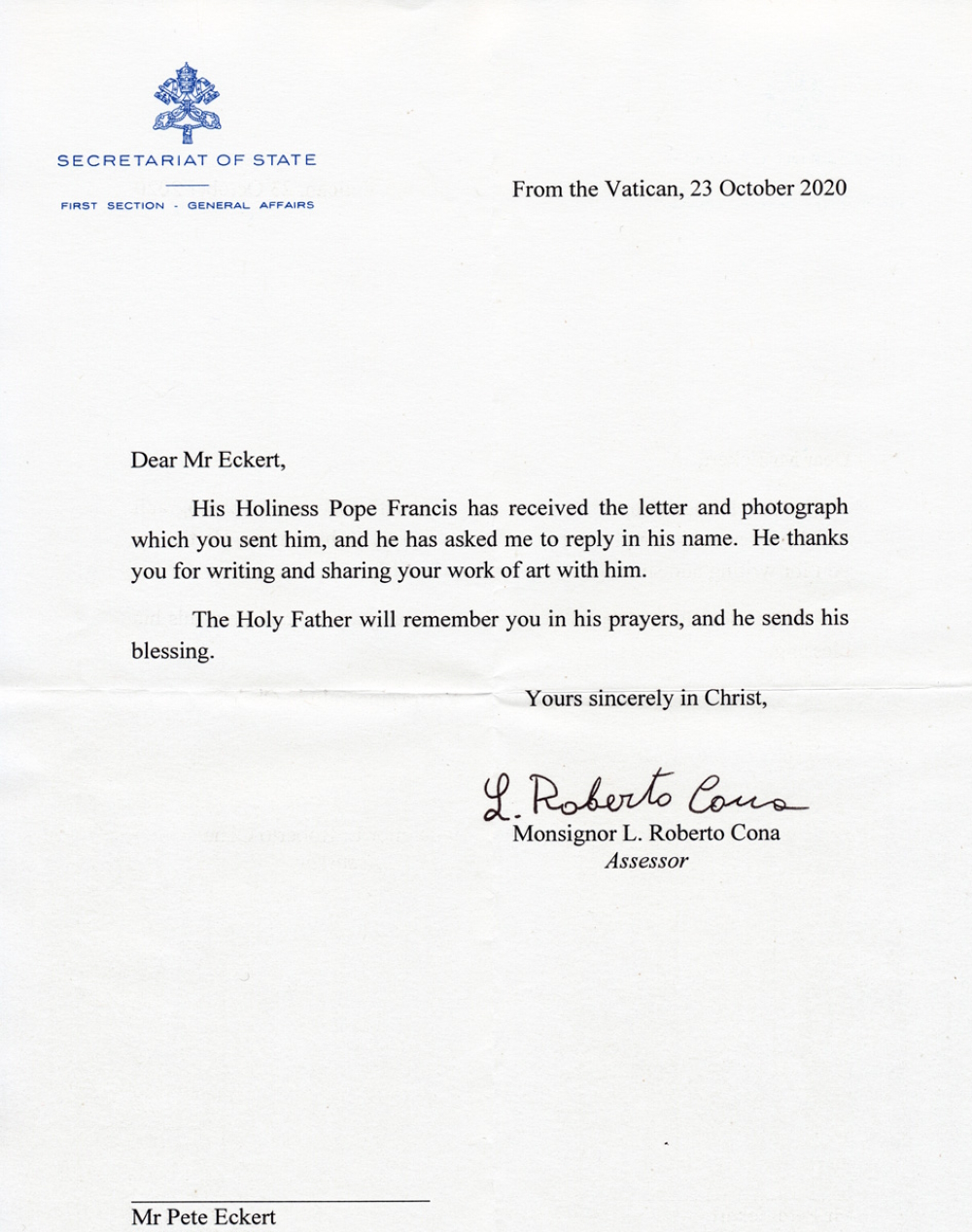 Pope Francis' blessing regarding Mr. Eckert's 'Cathedral' photo.