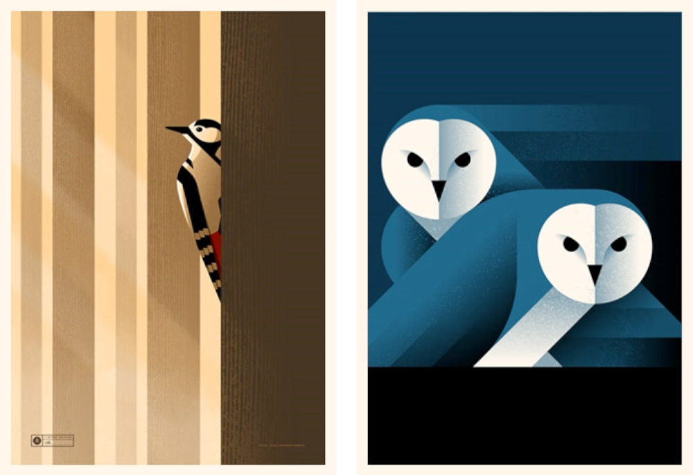 LEFT:  Woodpecker Artprint. 5 colour screenprint. 59,4 x 42cm. Printed on 240 g/m² Olin Smooth Edition of 75 / signed & numbered. RIGHT: Barn Owl Artprint. 3 colour screenprint. 30 x 40cm. Printed on 300 g/m² Metapaper Edition of 30 / signed & numbered.