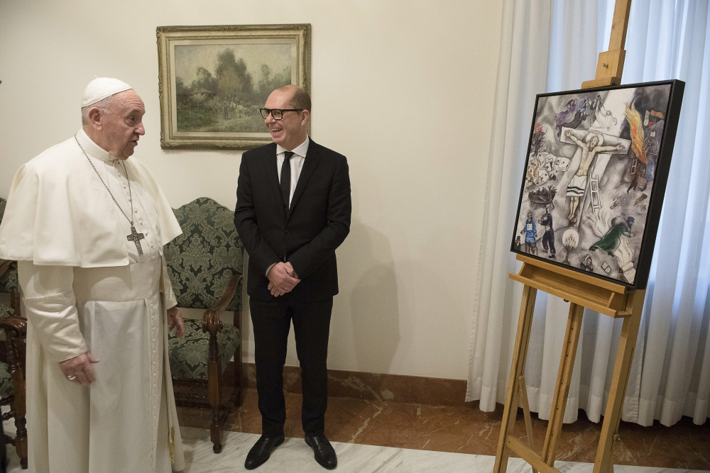 Pope Francis and Stefano Lazzari at the presentation of Bottega Tifernate's reproduction of Marc Chagall's 'White Crucification'..
