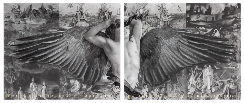 'Divide Ego' (2014, charcoal and 24 carat gold on paper, dyptich: 101 x 121 cm each)