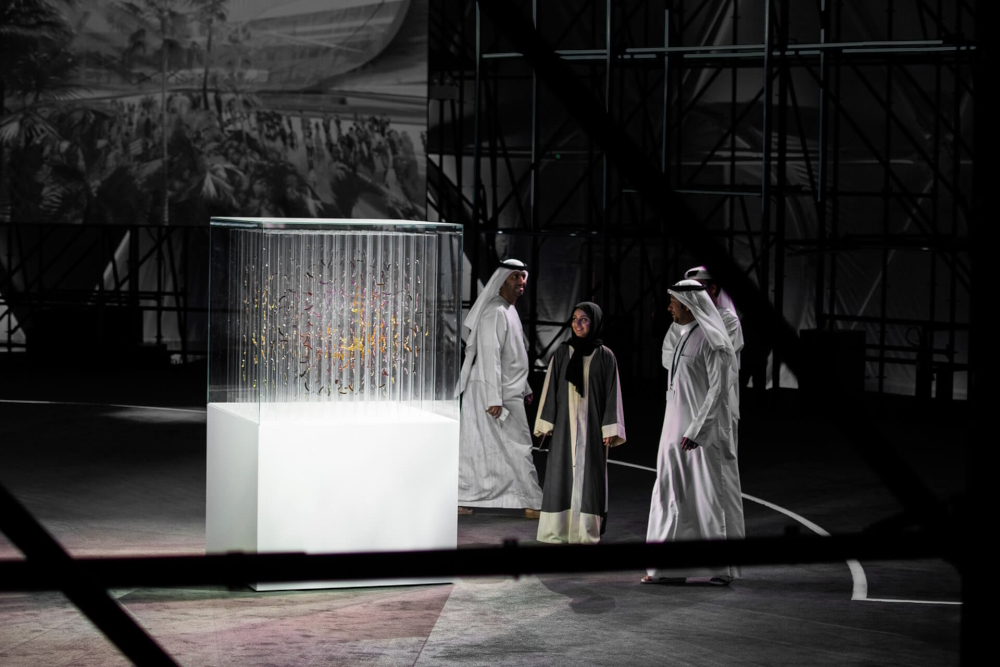 The commissioned sculpture was created for the groundbreaking of the EXPO2020 metro station in Dubai. A hidden EXPO2020 logo appears every 90° angle when the anamorphic piece is rotated.